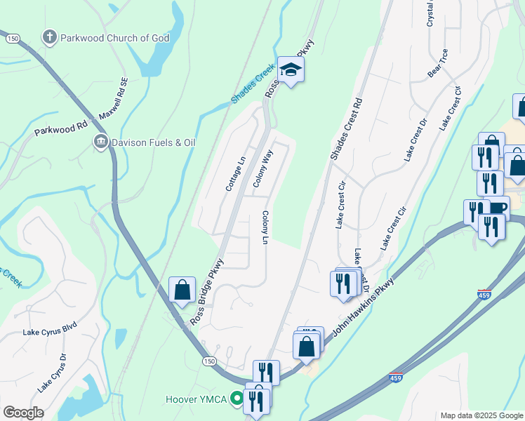 map of restaurants, bars, coffee shops, grocery stores, and more near 1204 Colony Place in Birmingham