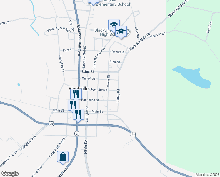 map of restaurants, bars, coffee shops, grocery stores, and more near 223 Boundary Street in Blackville