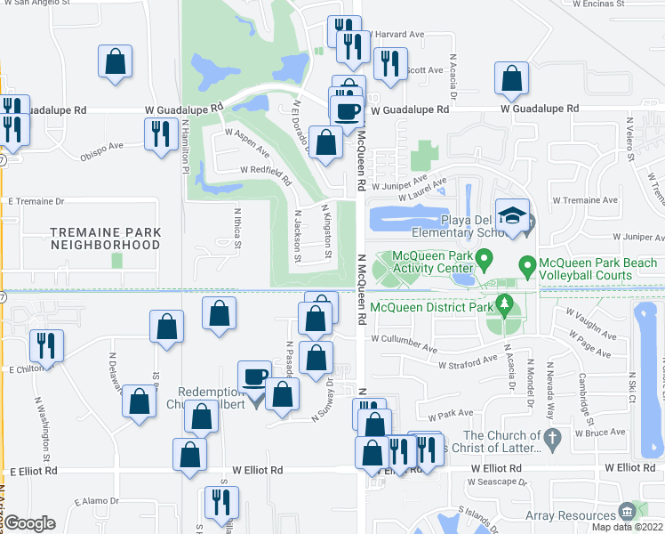 map of restaurants, bars, coffee shops, grocery stores, and more near 1691 West Campbell Avenue in Gilbert