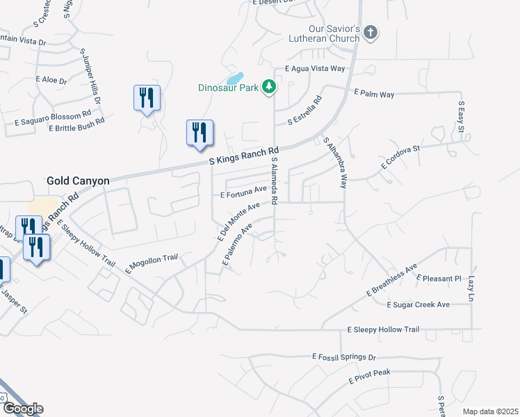 map of restaurants, bars, coffee shops, grocery stores, and more near 9883 East Fortuna Avenue in Gold Canyon
