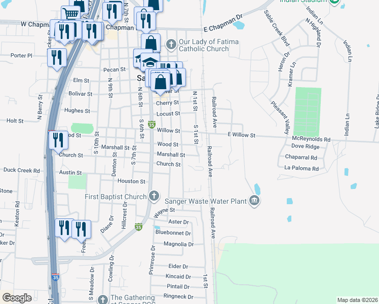 map of restaurants, bars, coffee shops, grocery stores, and more near 203 Wood Street in Sanger