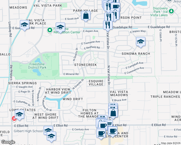 map of restaurants, bars, coffee shops, grocery stores, and more near 1421 East Commerce Avenue in Gilbert