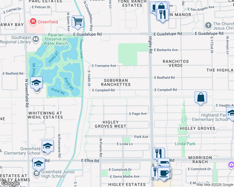 map of restaurants, bars, coffee shops, grocery stores, and more near 2976 East Campbell Road in Gilbert