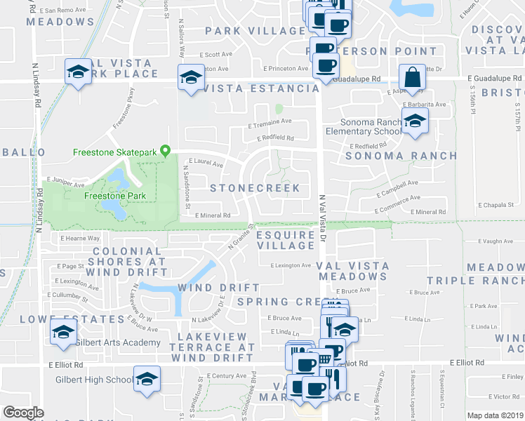 map of restaurants, bars, coffee shops, grocery stores, and more near 1421 East Commerce Avenue in Gilbert