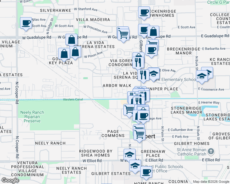 map of restaurants, bars, coffee shops, grocery stores, and more near 160 West Commerce Court in Gilbert