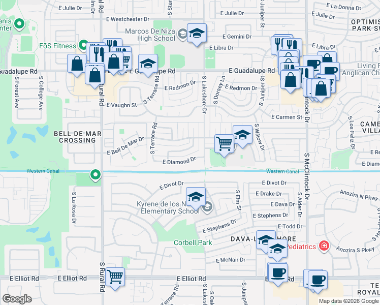 map of restaurants, bars, coffee shops, grocery stores, and more near 1186 East Redfield Road in Tempe