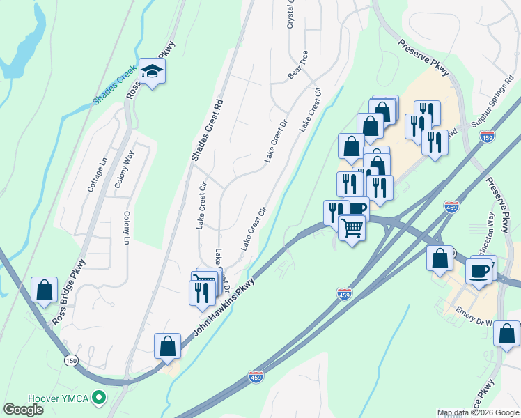 map of restaurants, bars, coffee shops, grocery stores, and more near 5178 Lake Crest Circle in Birmingham