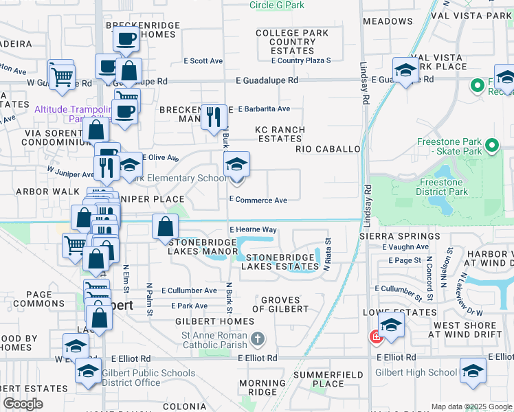 map of restaurants, bars, coffee shops, grocery stores, and more near 449 East Commerce Avenue in Gilbert