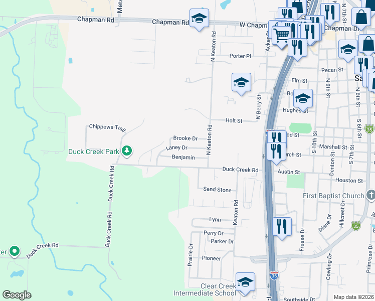 map of restaurants, bars, coffee shops, grocery stores, and more near 2016 Laney Drive in Sanger