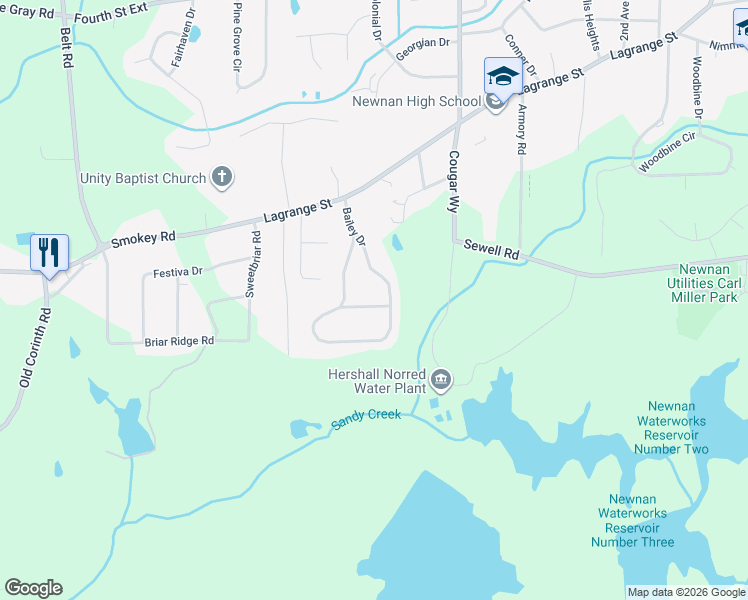 map of restaurants, bars, coffee shops, grocery stores, and more near 10 Bailey Drive in Newnan