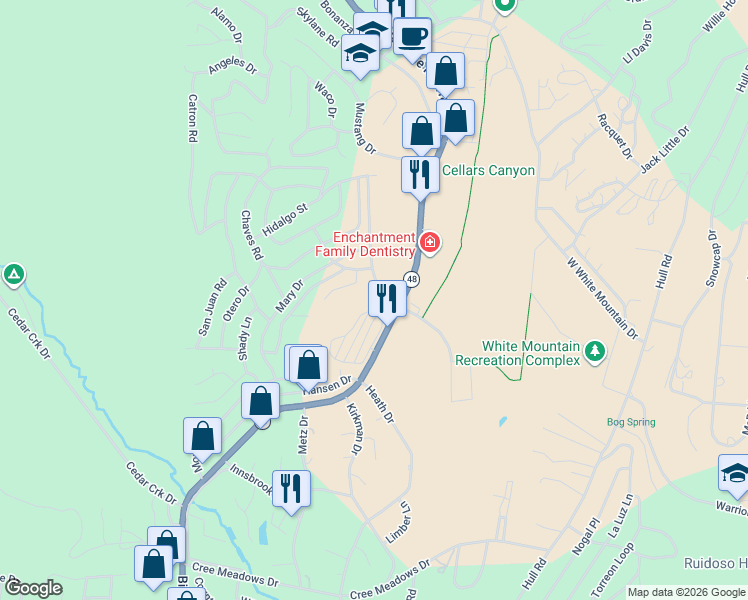 map of restaurants, bars, coffee shops, grocery stores, and more near 106 Debaca Circle in Ruidoso