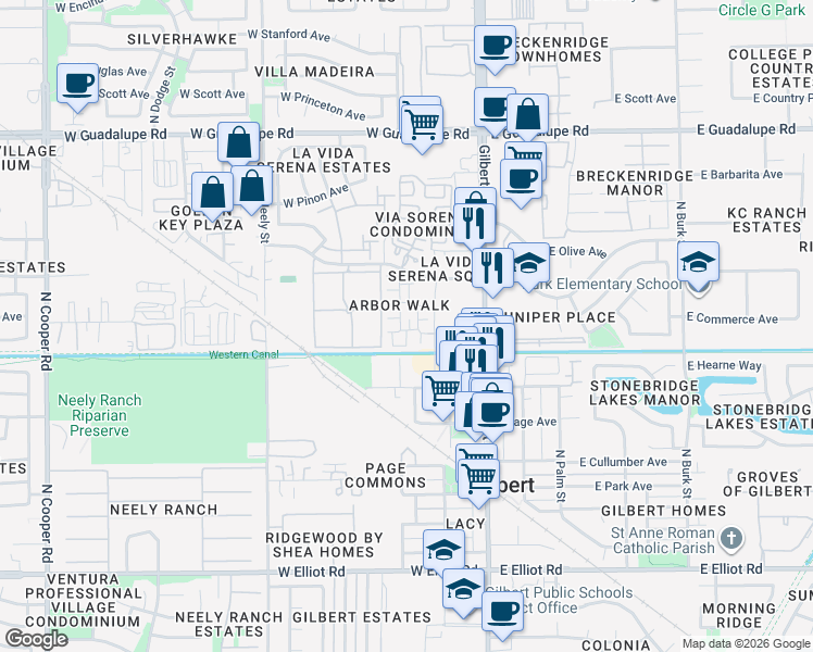 map of restaurants, bars, coffee shops, grocery stores, and more near 160 West Commerce Court in Gilbert