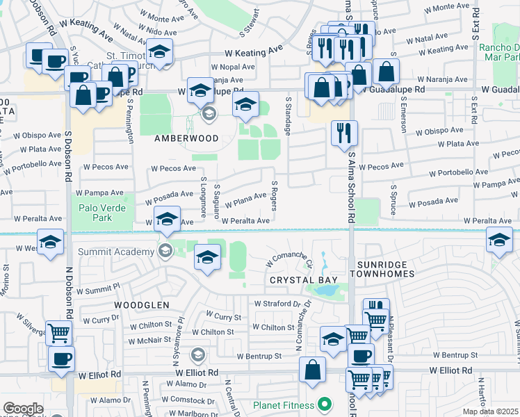 map of restaurants, bars, coffee shops, grocery stores, and more near South Stewart Circle in Mesa