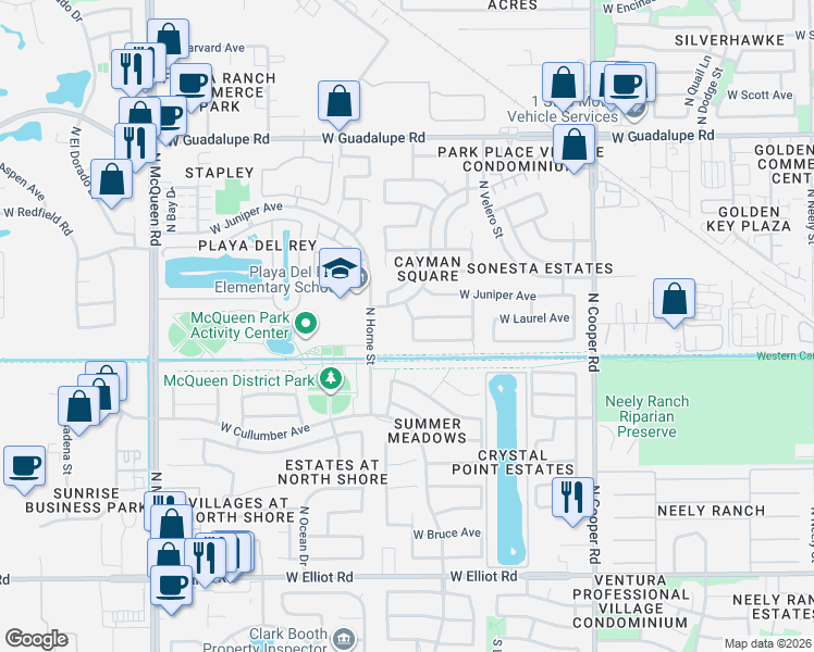 map of restaurants, bars, coffee shops, grocery stores, and more near 1124 West Laurel Avenue in Gilbert