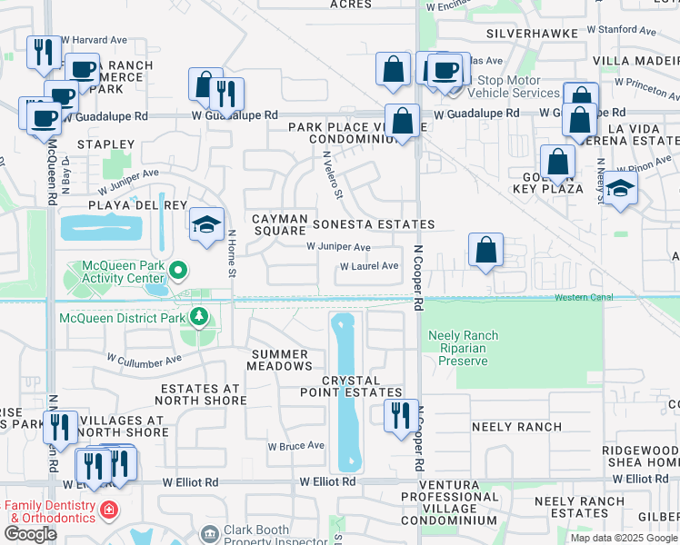 map of restaurants, bars, coffee shops, grocery stores, and more near 477 North Ocotillo Lane in Gilbert