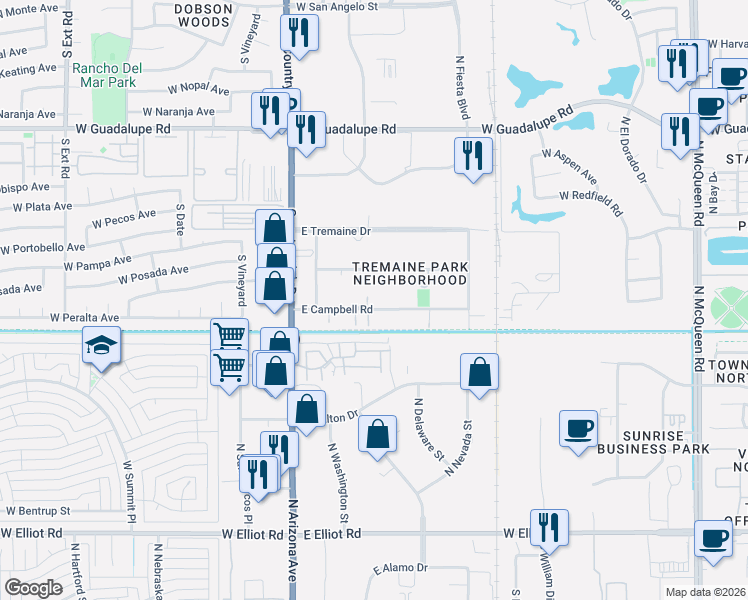 map of restaurants, bars, coffee shops, grocery stores, and more near 203 East Redfield Road in Chandler