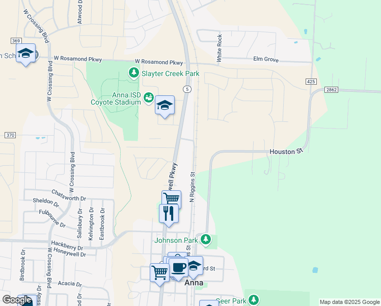 map of restaurants, bars, coffee shops, grocery stores, and more near 1109 North Riggins Street in Anna