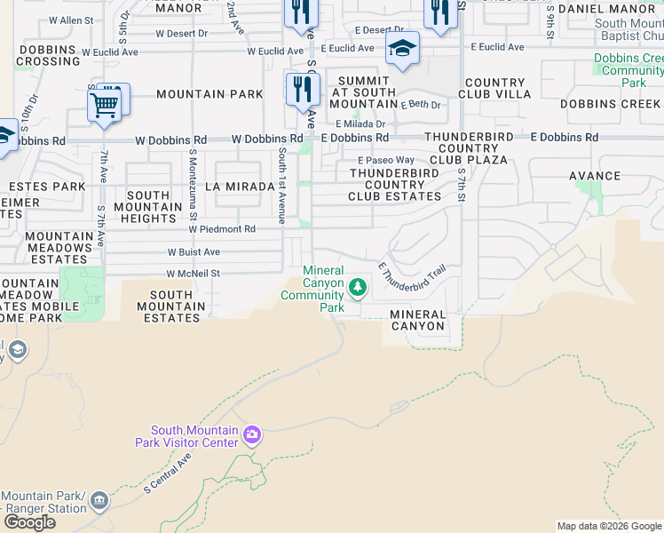 map of restaurants, bars, coffee shops, grocery stores, and more near 11 East Thunderbird Trail in Phoenix
