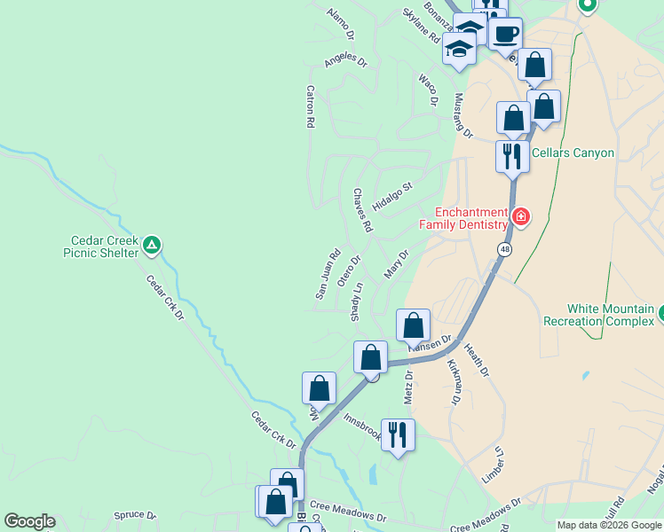 map of restaurants, bars, coffee shops, grocery stores, and more near 114 San Juan Road in Ruidoso