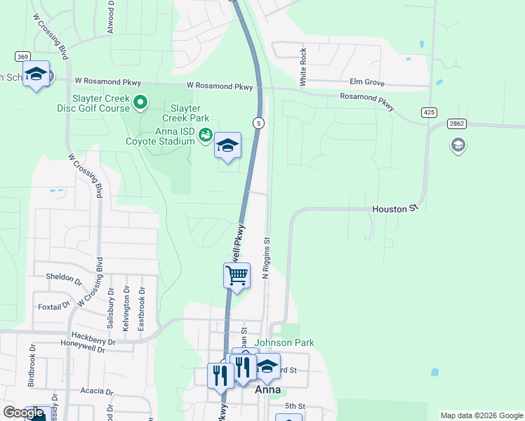 map of restaurants, bars, coffee shops, grocery stores, and more near 1109 North Riggins Street in Anna