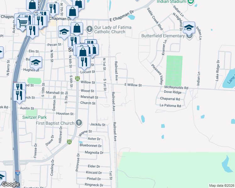 map of restaurants, bars, coffee shops, grocery stores, and more near 101 Arrowhead Drive in Sanger