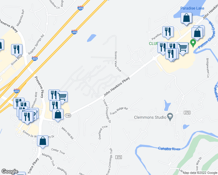 map of restaurants, bars, coffee shops, grocery stores, and more near 708 Tree Crossing Parkway in Hoover