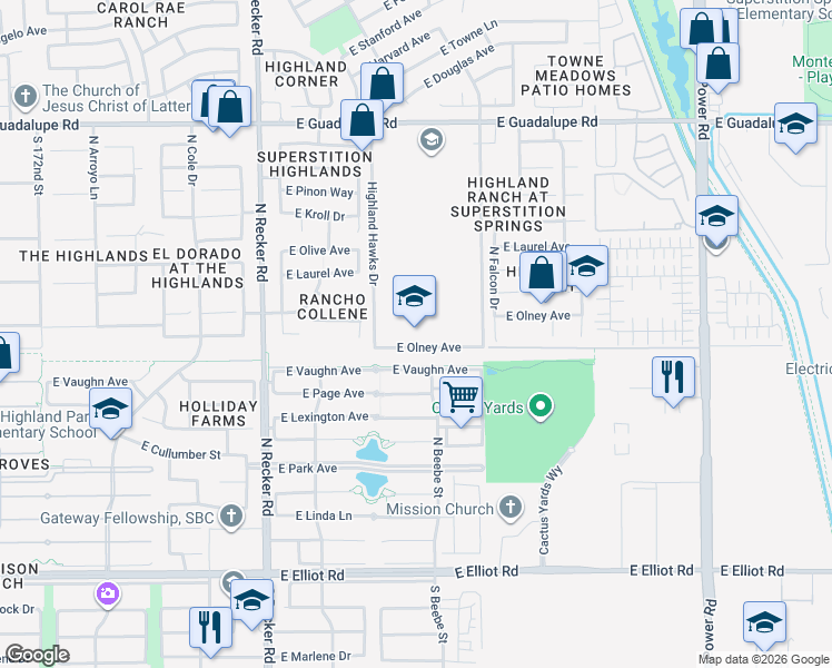 map of restaurants, bars, coffee shops, grocery stores, and more near 4301 East Guadalupe Road in Gilbert