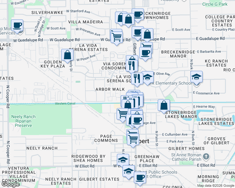 map of restaurants, bars, coffee shops, grocery stores, and more near 101 West Laurel Court in Gilbert