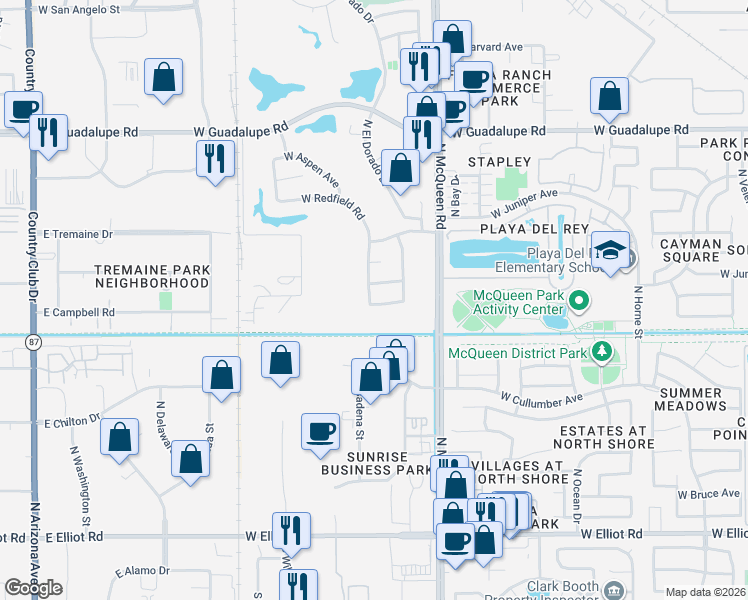 map of restaurants, bars, coffee shops, grocery stores, and more near 1691 West Campbell Avenue in Gilbert