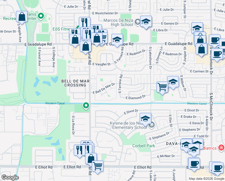 map of restaurants, bars, coffee shops, grocery stores, and more near 1014 East Redfield Road in Tempe