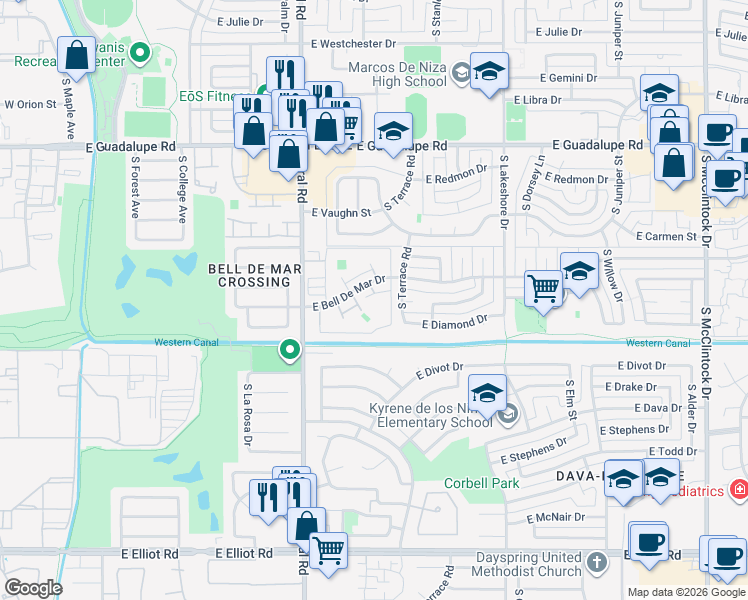 map of restaurants, bars, coffee shops, grocery stores, and more near 1014 East Redfield Road in Tempe