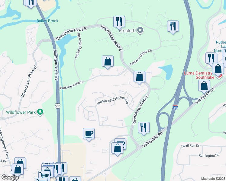 map of restaurants, bars, coffee shops, grocery stores, and more near 1408 Gables Drive in Hoover