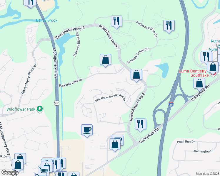 map of restaurants, bars, coffee shops, grocery stores, and more near 1408 Gables Drive in Hoover