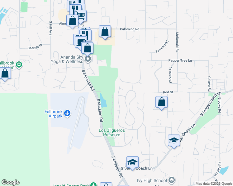 map of restaurants, bars, coffee shops, grocery stores, and more near 553 Inverlochy Drive in Fallbrook