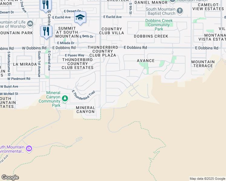 map of restaurants, bars, coffee shops, grocery stores, and more near 701 East Thunderbird Trail in Phoenix