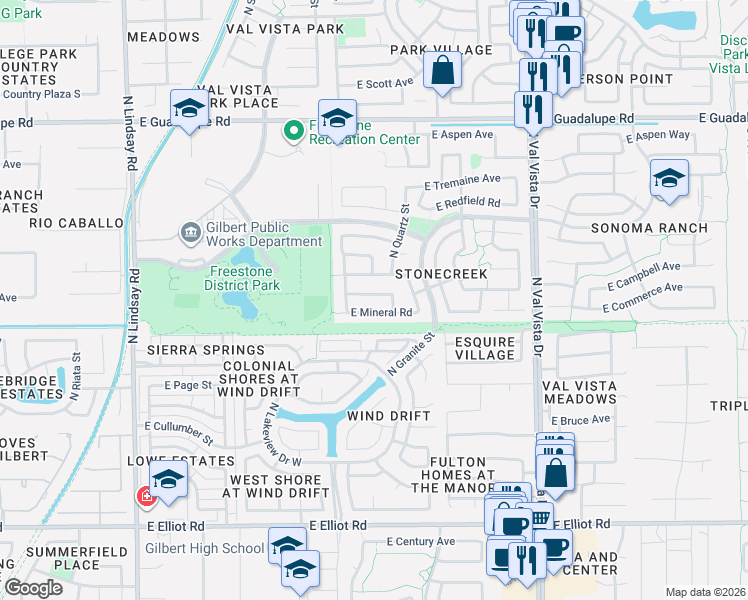 map of restaurants, bars, coffee shops, grocery stores, and more near 1232 East Commerce Avenue in Gilbert