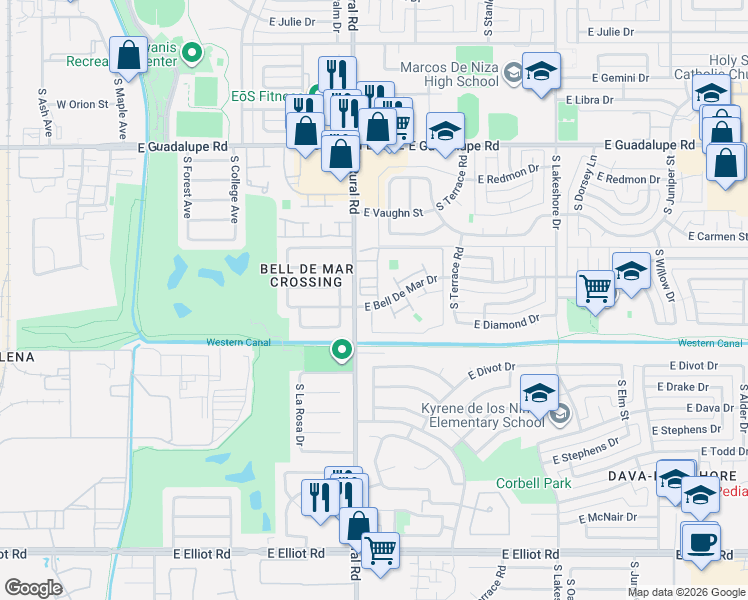 map of restaurants, bars, coffee shops, grocery stores, and more near 6752 South Bonarden Lane in Tempe