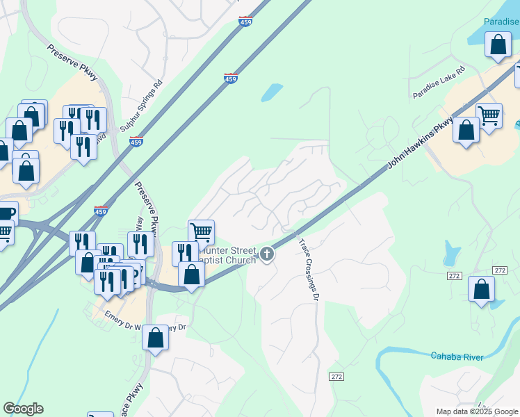 map of restaurants, bars, coffee shops, grocery stores, and more near 3105 Tree Crossing Parkway in Hoover