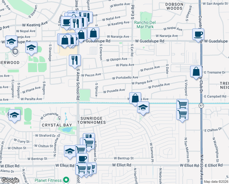 map of restaurants, bars, coffee shops, grocery stores, and more near 861 West Posada Avenue in Mesa