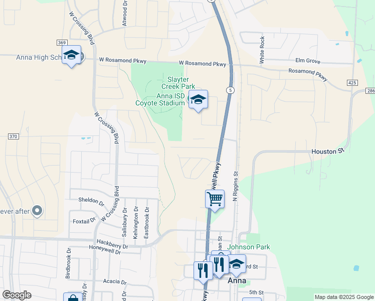 map of restaurants, bars, coffee shops, grocery stores, and more near 337 West Fern Street in Anna