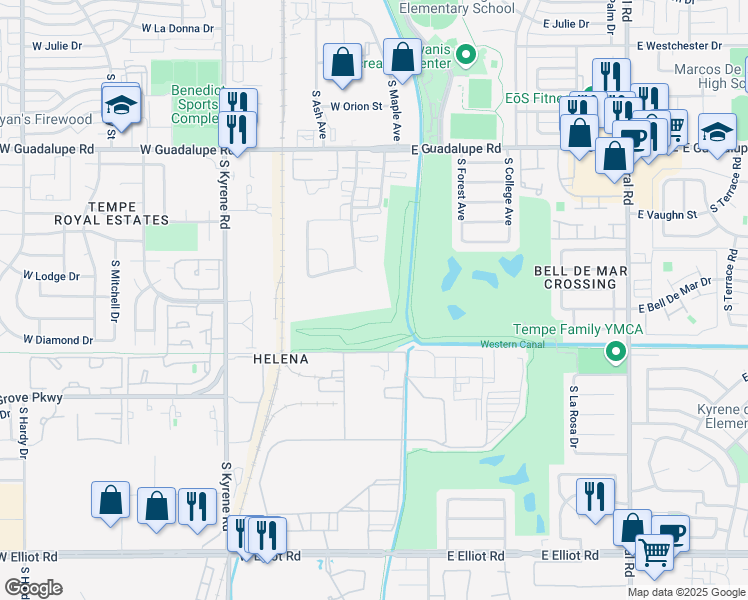 map of restaurants, bars, coffee shops, grocery stores, and more near 6445 South Maple Avenue in Tempe