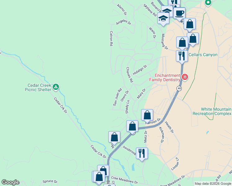 map of restaurants, bars, coffee shops, grocery stores, and more near 114-120 San Juan Rd in Ruidoso