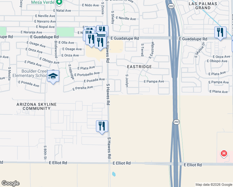 map of restaurants, bars, coffee shops, grocery stores, and more near 8421 East Peralta Avenue in Mesa