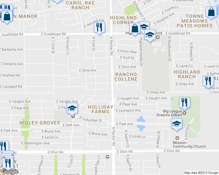 map of restaurants, bars, coffee shops, grocery stores, and more near 439 North Joshua Tree Lane in Gilbert