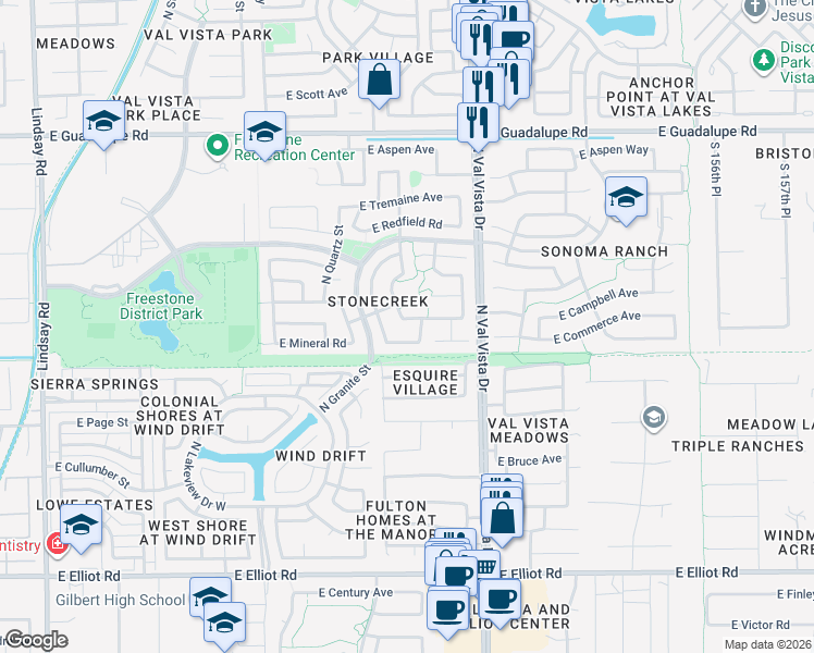 map of restaurants, bars, coffee shops, grocery stores, and more near 1421 East Commerce Avenue in Gilbert