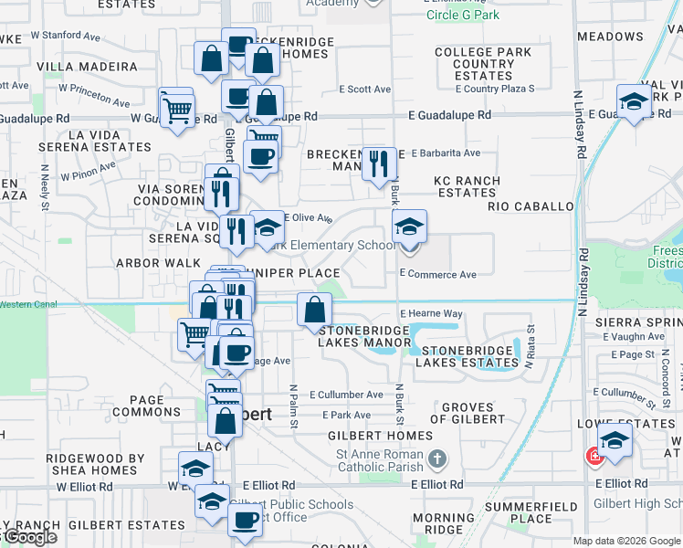 map of restaurants, bars, coffee shops, grocery stores, and more near 201 East Heather Avenue in Gilbert