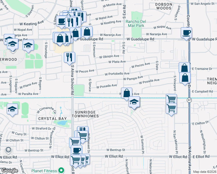 map of restaurants, bars, coffee shops, grocery stores, and more near 860-910 West Posada Avenue in Mesa