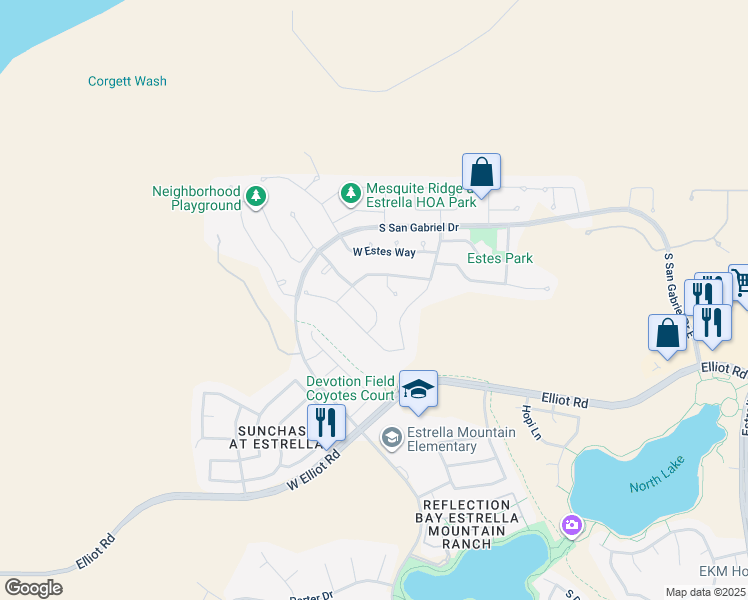 map of restaurants, bars, coffee shops, grocery stores, and more near 9683 South 183rd Drive in Goodyear