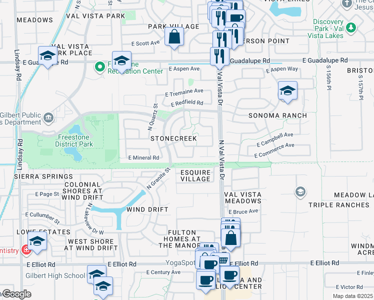 map of restaurants, bars, coffee shops, grocery stores, and more near 1421 East Commerce Avenue in Gilbert