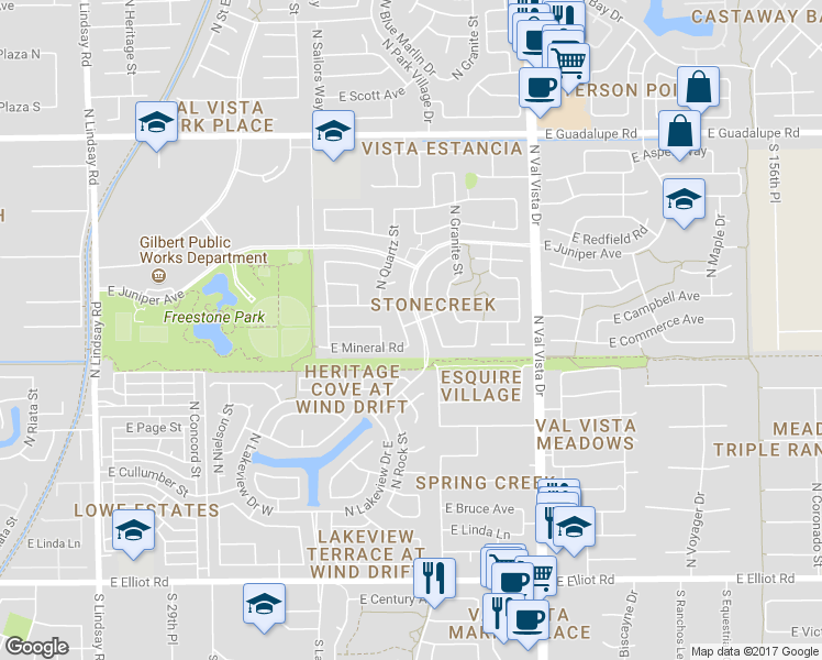 map of restaurants, bars, coffee shops, grocery stores, and more near 419 North Rock Street in Gilbert